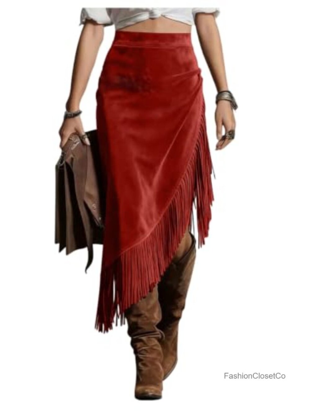 Faux Suede Fringe Asymmetrical Western Midi Skirt